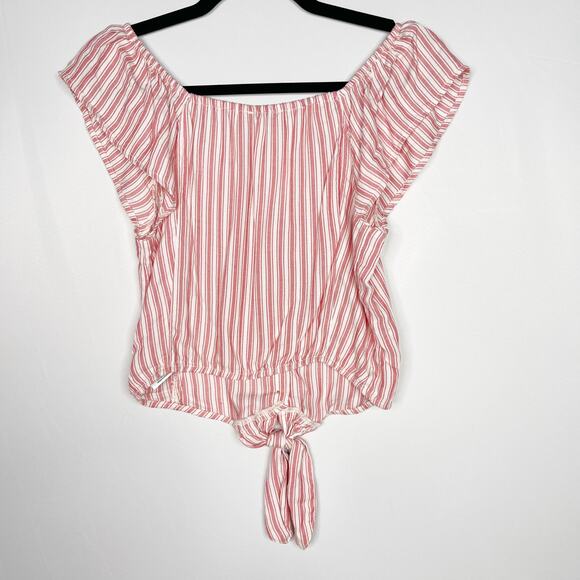 New American Eagle XSmall XS Red Cream Striped Tie Front Button Front Shirt Top - Picture 2 of 9